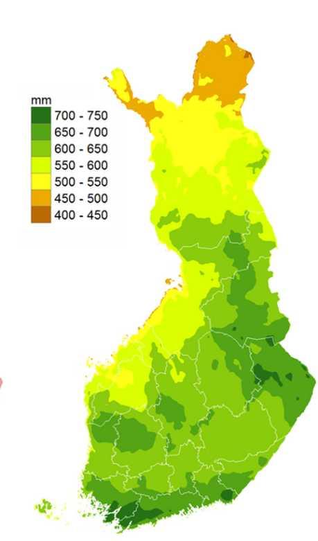 a) b) c) 16X187979.72L1.SLU 18 1981-21 29 212 Kuva 3. Vuotuinen sademäärä (mm) 29 (kuva b) ja 212 (kuva c) sekä pitkänaikavälin keskiarvo 1981 21 (kuva a).