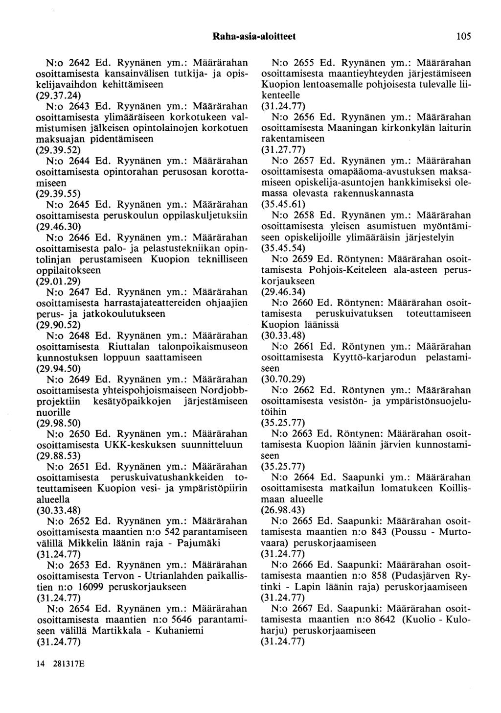 Raha-asia-aloitteet 105 N:o 2642 Ed. Ryynänen ym.: Määrärahan osoittamisesta kansainvälisen tutkija- ja opiskelijavaihdon kehittämiseen (29.37.24) N:o 2643 Ed. Ryynänen ym.: Määrärahan osoittamisesta ylimääräiseen korkotukeen valmistumisen jälkeisen opintolainojen korkotuen maksuajan pidentämiseen (29.