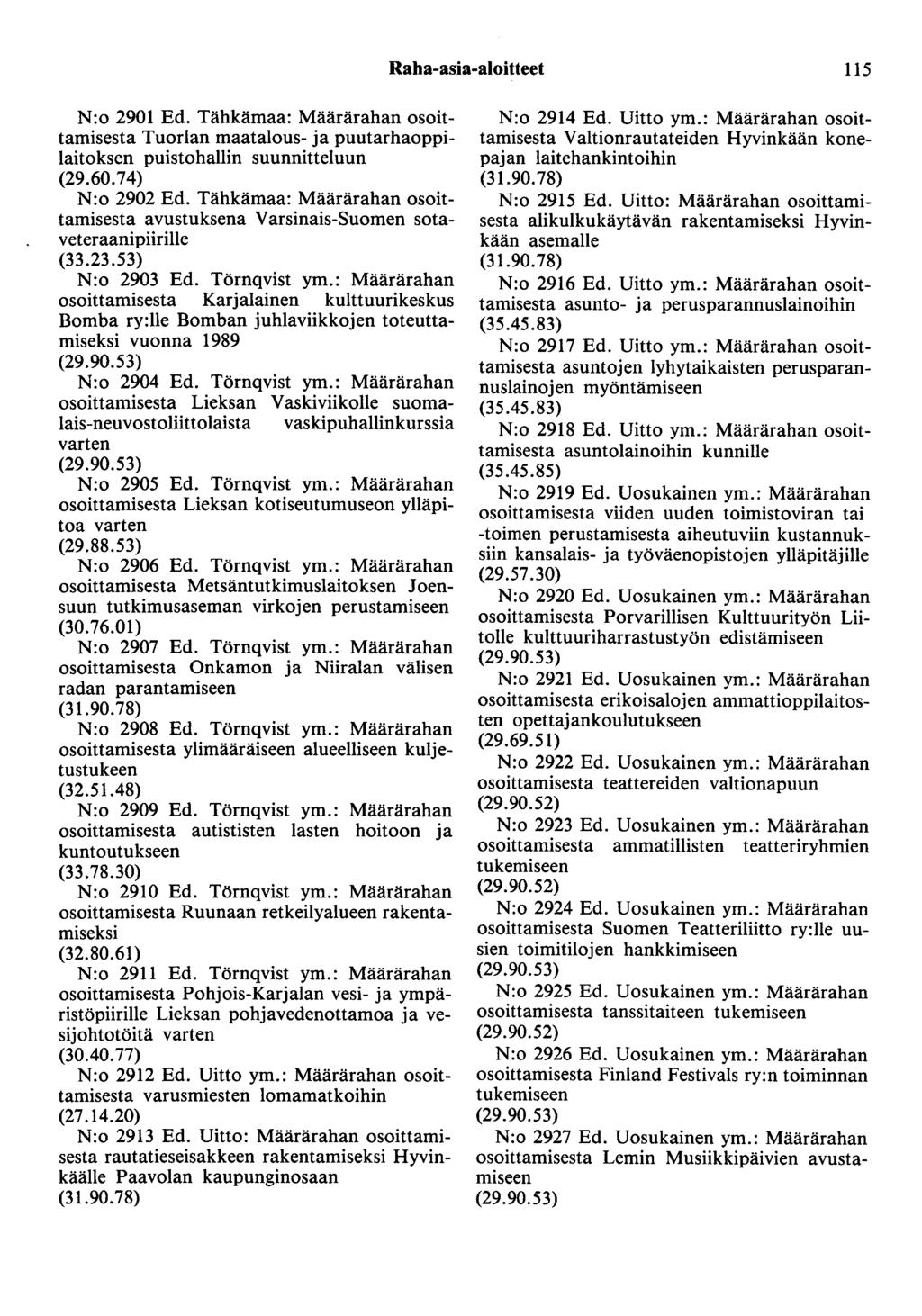 Raha-asia-aloitteet 115 N:o 2901 Ed. Tähkämaa: Määrärahan osoittamisesta Tuorlan maatalous- ja puutarhaoppilaitoksen puistohallin suunnitteluun (29.60.74) N:o 2902 Ed.