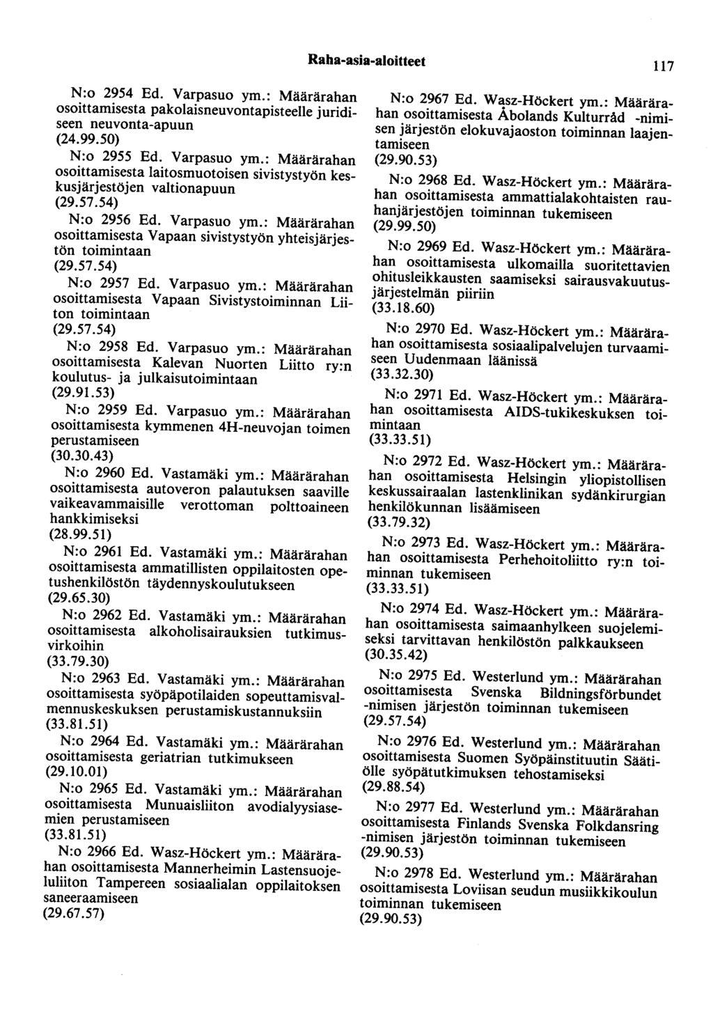 Raha-asia-aloitteet 117 N:o 2954 Ed. Varpasuo ym.: Määrärahan osoittamisesta pakolaisneuvontapisteelle juridiseen neuvonta-apuun (24.99.50) N:o 2955 Ed. Varpasuo ym.: Määrärahan osoittamisesta laitosmuotoisen sivistystyön keskusjärjestöjen valtionapuun (29.