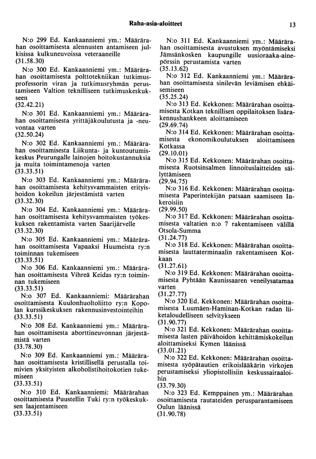 Raha-asia-aloitteet 13 N:o 299 Ed. Kankaanniemi ym.: Määrärahan osoittamisesta alennusten antamiseen julkisissa kulkuneuvoissa veteraaneille (31.58.30) N:o 300 Ed. Kankaanniemi ym.: Määrärahan osoittamisesta polttotekniikan tutkimusprofessorin viran ja tutkimusryhmän perustamiseen Valtion teknilliseen tutkimuskeskukseen (32.