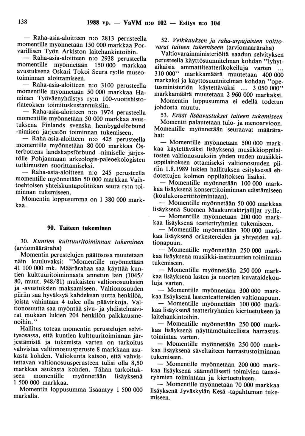 138 1988 vp. - VaVM n:o 102 - Esitys n:o 104 Raha-asia-aloitteen n:o 2813 perusteella momentille myönnetään 150 000 markkaa Porvarillisen Työn Arkiston laitehankintoihin.
