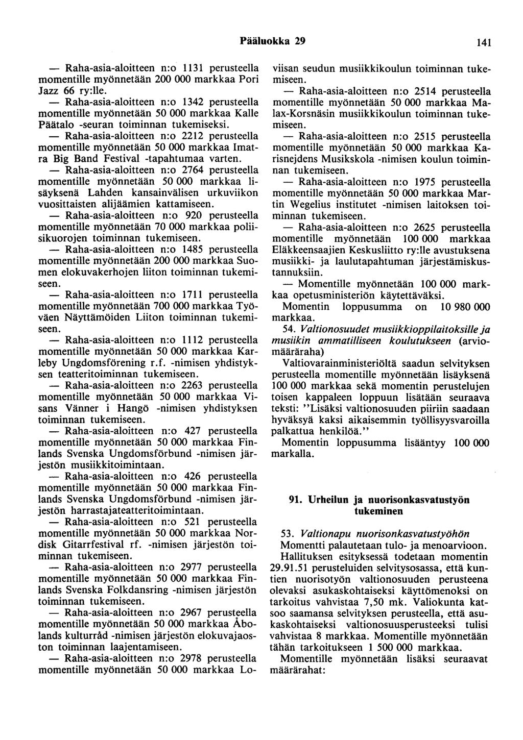 Pääluokka 29 141 - Raha-asia-aloitteen n:o 1131 perusteella momentille myönnetään 200 000 markkaa Pori Jazz 66 ry:lle.