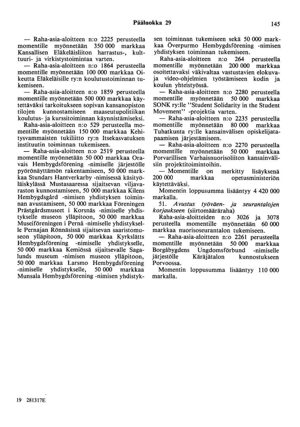 Pääluokka 29 145 - Raha-asia-aloitteen n:o 2225 perusteella momentille myönnetään 350 000 markkaa Kansallisen Eläkeläisliiton harrastus-, kulttuuri- ja virkistystoimintaa varten.