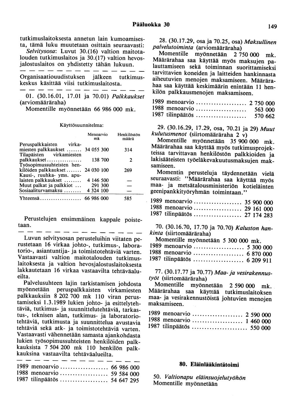 Pääluokka 30 149 tutkimuslaitoksesta annetun lain kumoamisesta tämä luku muutetaan osittain seuraavasti: 'selvitysosa: Luvut 30.(16) valtion maitotalouden tutkimuslaitos ja 30.
