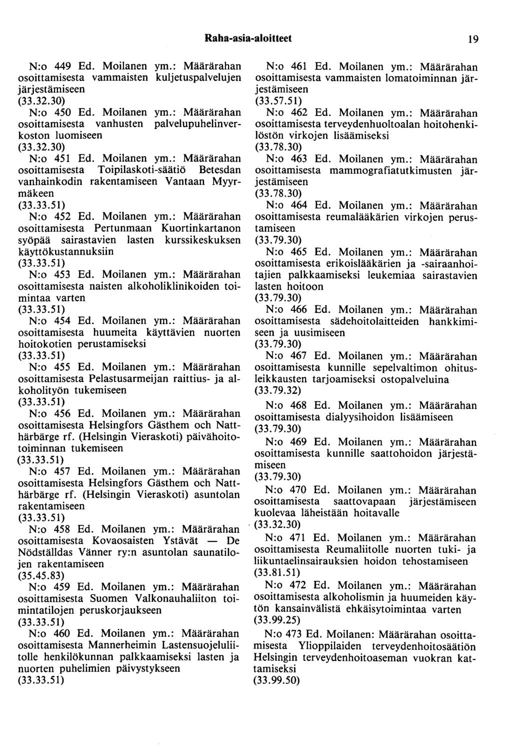 N:o 449 Ed. Moilanen ym.: Määrärahan osoittamisesta vammaisten kuljetuspalvelujen järjestämiseen (33.32.30) N:o 450 Ed. Moilanen ym.: Määrärahan osoittamisesta vanhusten palvelupuhelinverkoston luomiseen (33.