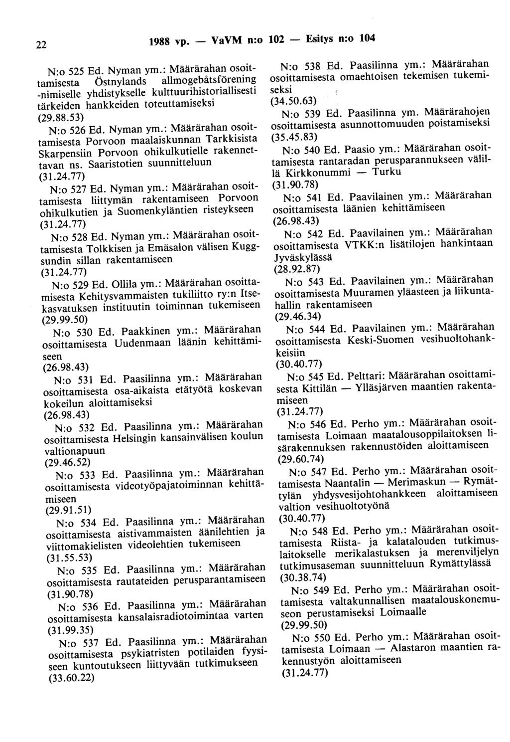 22 1988 vp. - VaVM n:o 102 - Esitys n:o 104 N:o 525 Ed. Nyman ym.