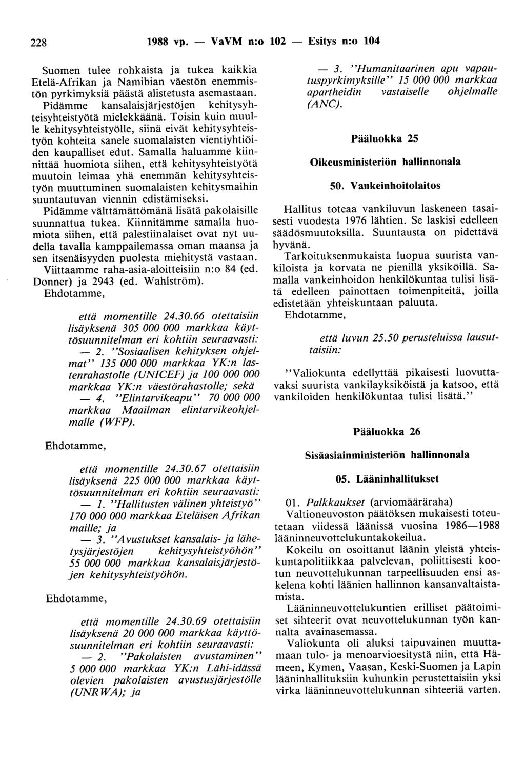 228 1988 vp. - VaVM n:o 102 - Esitys n:o 104 Suomen tulee rohkaista ja tukea kaikkia Etelä-Afrikan ja Namibian väestön enemmistön pyrkimyksiä päästä alistetusta asemastaan.