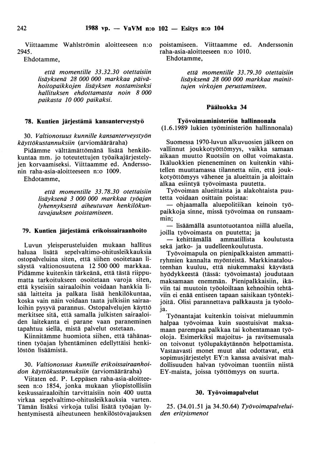242 1988 vp. - VaVM n:o 102 - Esitys n:o 104 Viittaamme Wahlströmin aloitteeseen n:o 2945. Ehdotamme, että momentille 33.32.