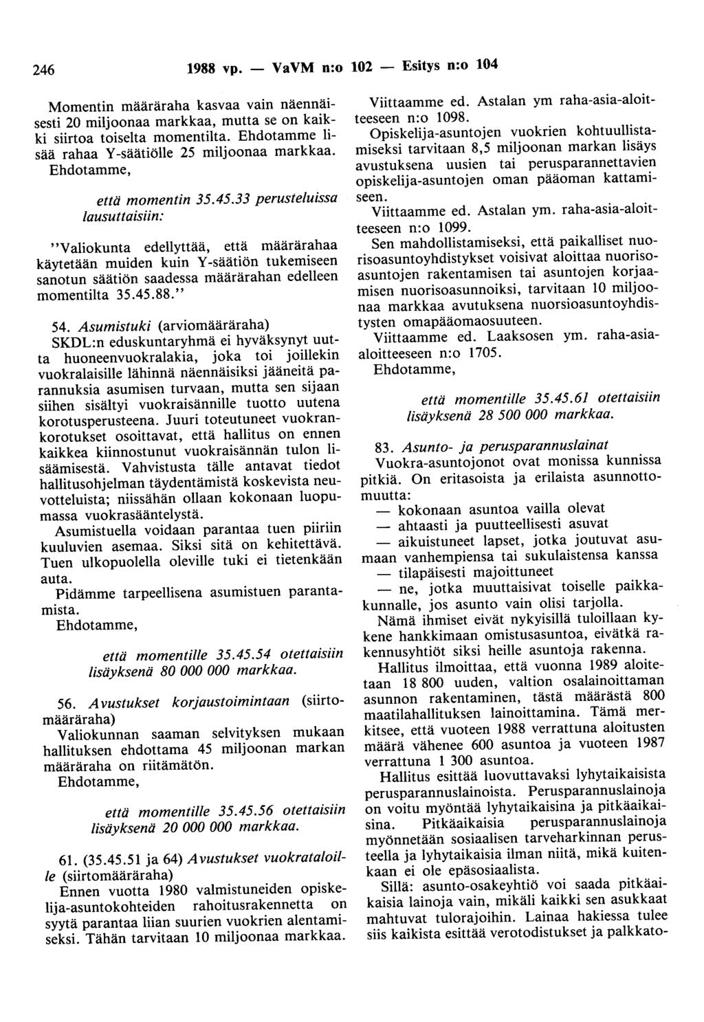 246 1988 vp. - VaVM n:o 102 - Esitys n:o 104 Momentin määräraha kasvaa vain näennäisesti 20 miljoonaa markkaa, mutta se on kaikki siirtoa toiselta momentilta.