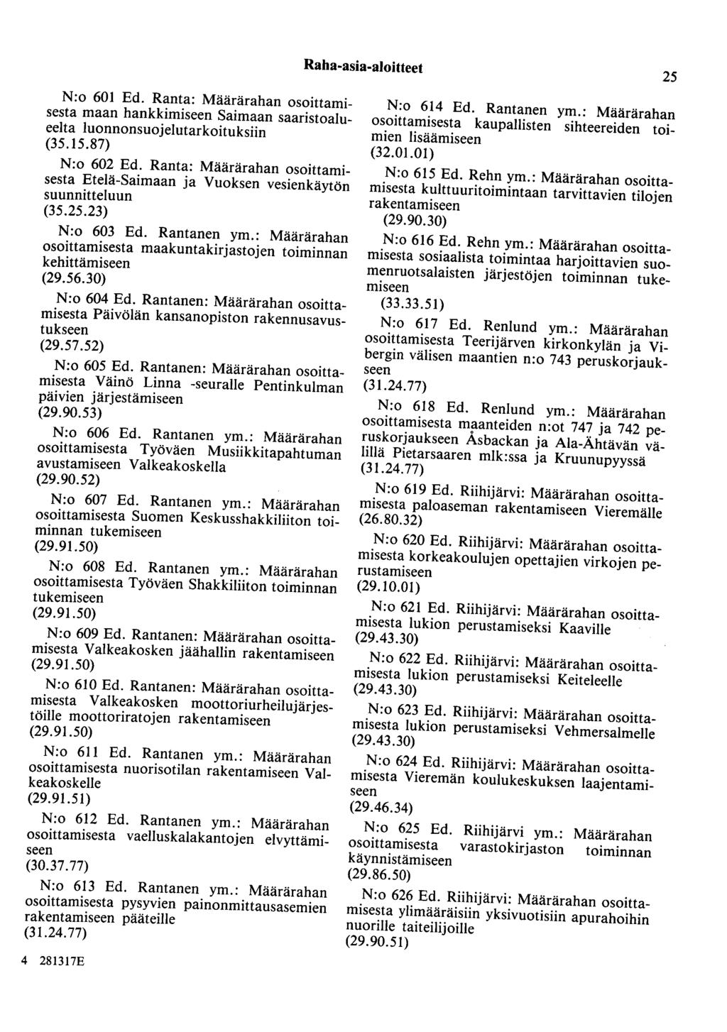 Raha-asia-aloitteet 25 N:o 601 Ed. Ranta: Määrärahan osoittamisesta maan hankkimiseen Saimaan saaristoalueelta luonnonsuojelutarkoituksiin (35.15.87) N:o 602 Ed.