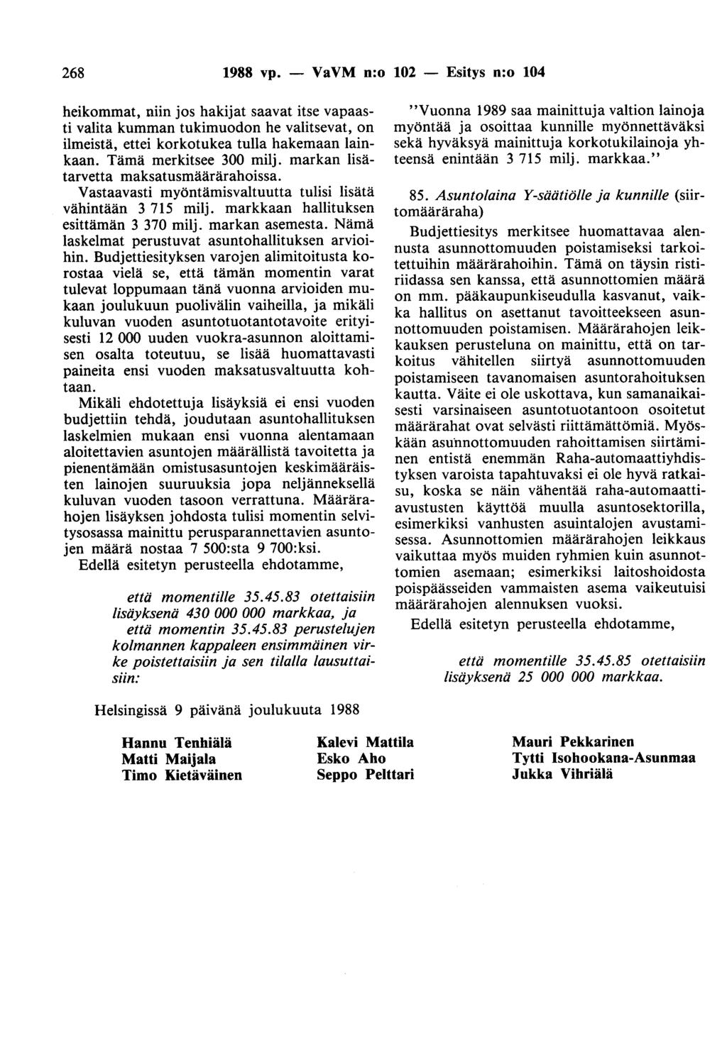 268 1988 vp. - VaVM n:o 102 - Esitys n:o 104 heikommat, niin jos hakijat saavat itse vapaasti valita kumman tukimuodon he valitsevat, on ilmeistä, ettei korkotukea tulla hakemaan lainkaan.