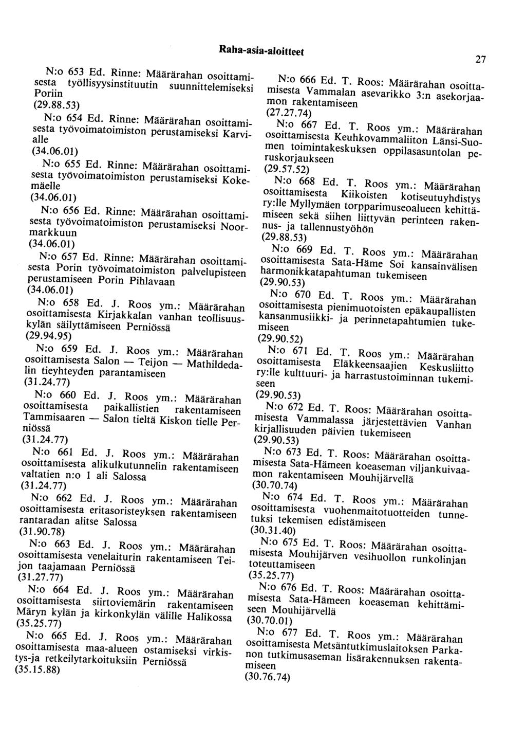 Raha-asia-aloitteet 27 N:o 653 Ed. Rinne: Määrärahan osoittamisesta työllisyysinstituutin suunnittelemiseksi Poriin (29.88.53) N:o 654 Ed.