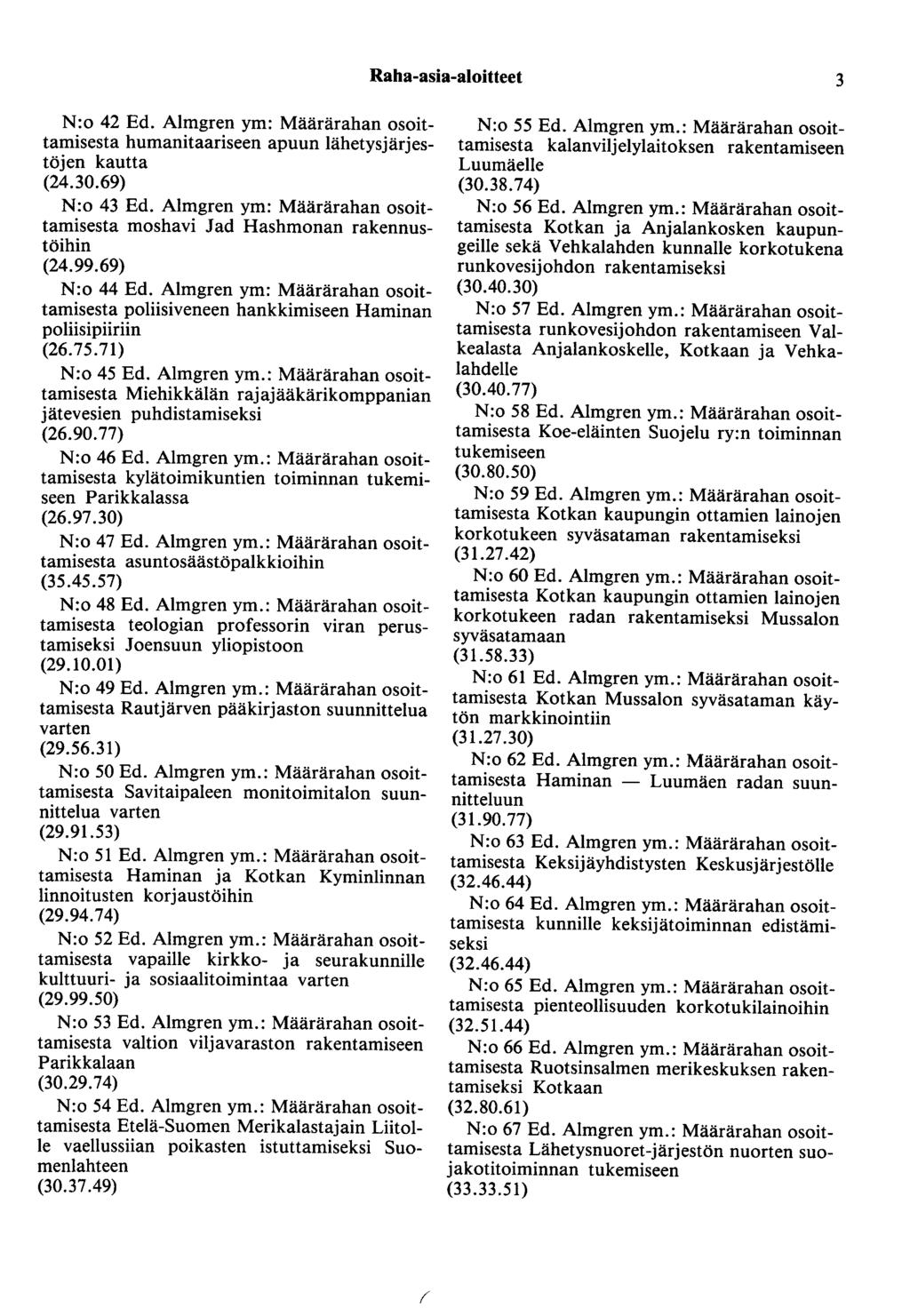 Raha-asia-aloitteet 3 N:o 42 Ed. Almgren ym: Määrärahan osoittamisesta humanitaariseen apuun lähetysjärjestöjen kautta (24.30.69) N:o 43 Ed.
