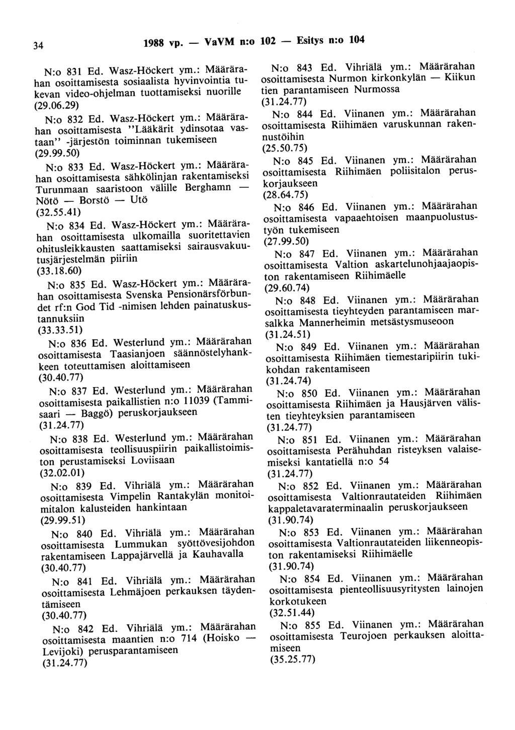 34 1988 vp. - VaVM n:o 102 - Esitys n:o 104 N:o 831 Ed. Wasz-Höckert ym.: Määrärahan osoittamisesta sosiaalista hyvinvointia tukevan video-ohjelman tuottamiseksi nuorille (29.06.29) N:o 832 Ed.
