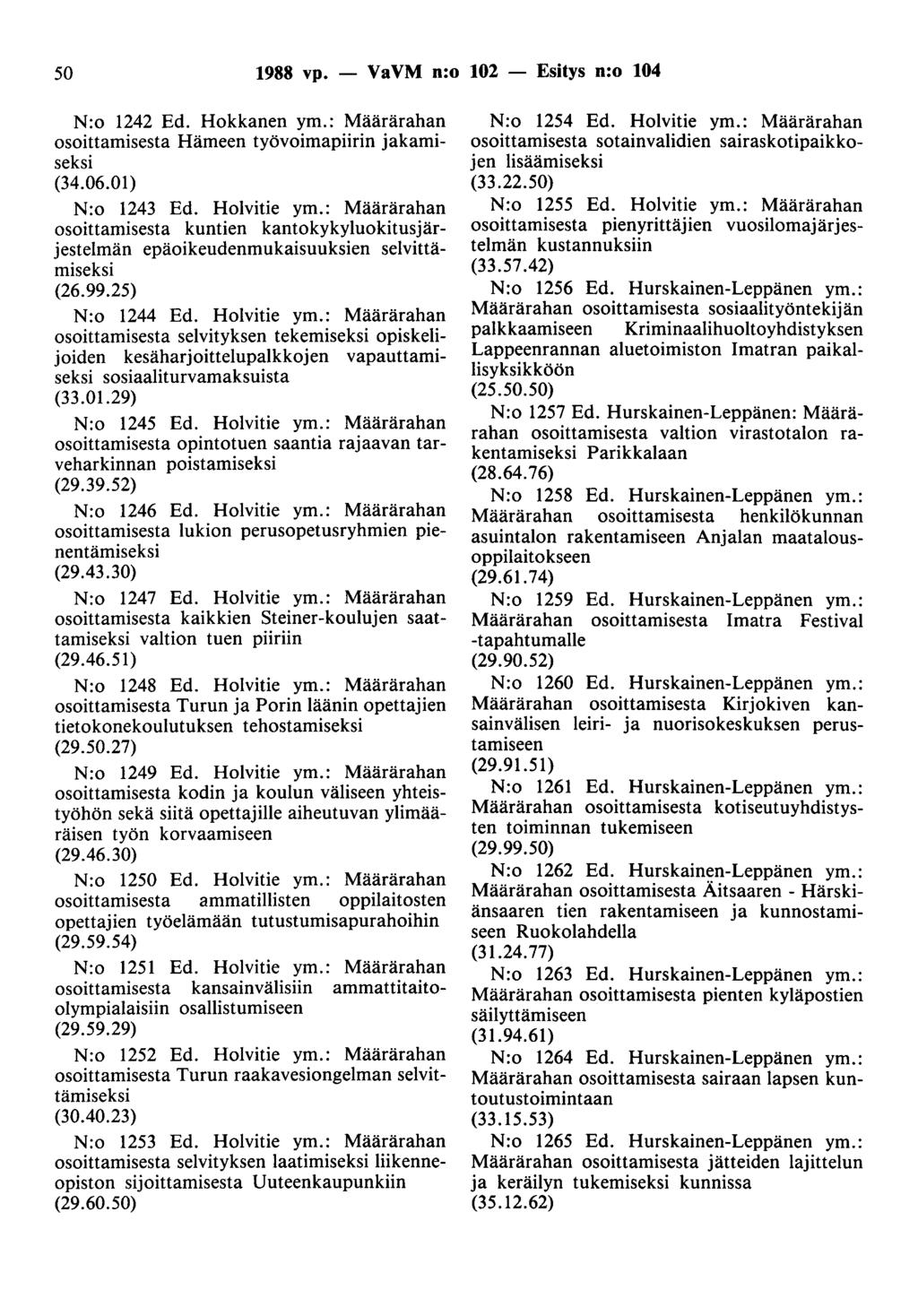 50 1988 vp. - VaVM n:o 102 - Esitys n:o 104 N:o 1242 Ed. Hokkanen ym.: Määrärahan osoittamisesta Hämeen työvoimapiirin jakamiseksi (34.06.01) N:o 1243 Ed. Holvitie ym.