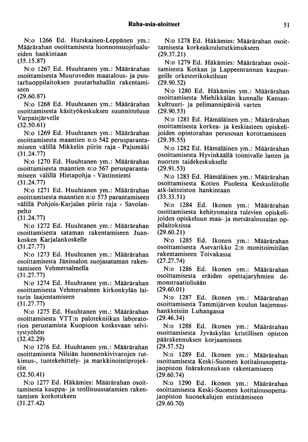 Raha-asia-aloitteet 51 N:o 1266 Ed. Hurskainen-Leppänen ym.: Määrärahan osoittamisesta luonnonsuojelualueiden hankintaan (35.15.87) N:o 1267 Ed. Huuhtanen ym.