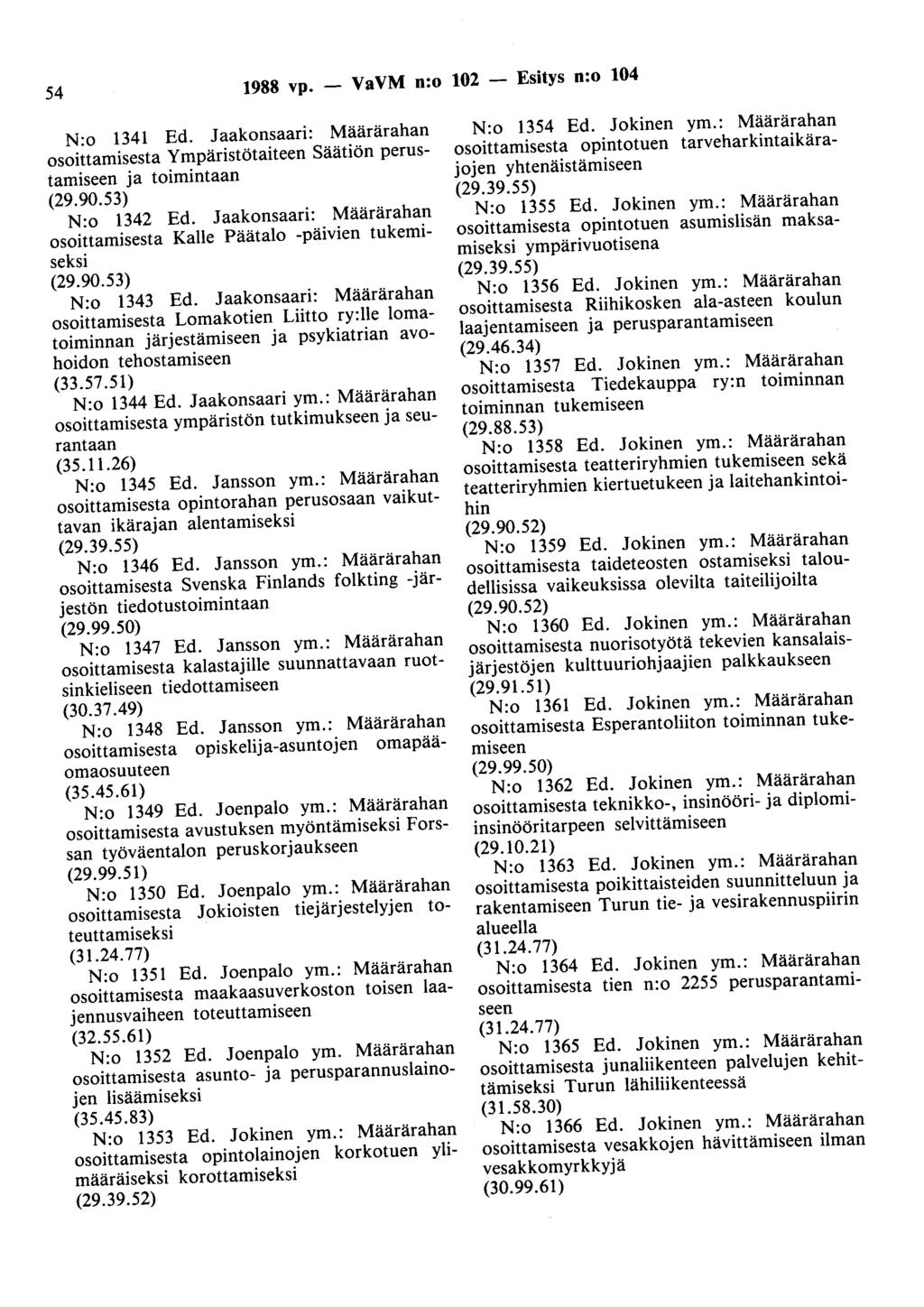 54 1988 vp. - VaVM n:o 102 - Esitys n:o 104 N:o 1341 Ed. Jaakonsaari: Määrärahan osoittamisesta Ympäristötaiteen Säätiön perustamiseen ja toimintaan (29.90.53) N:o 1342 Ed.