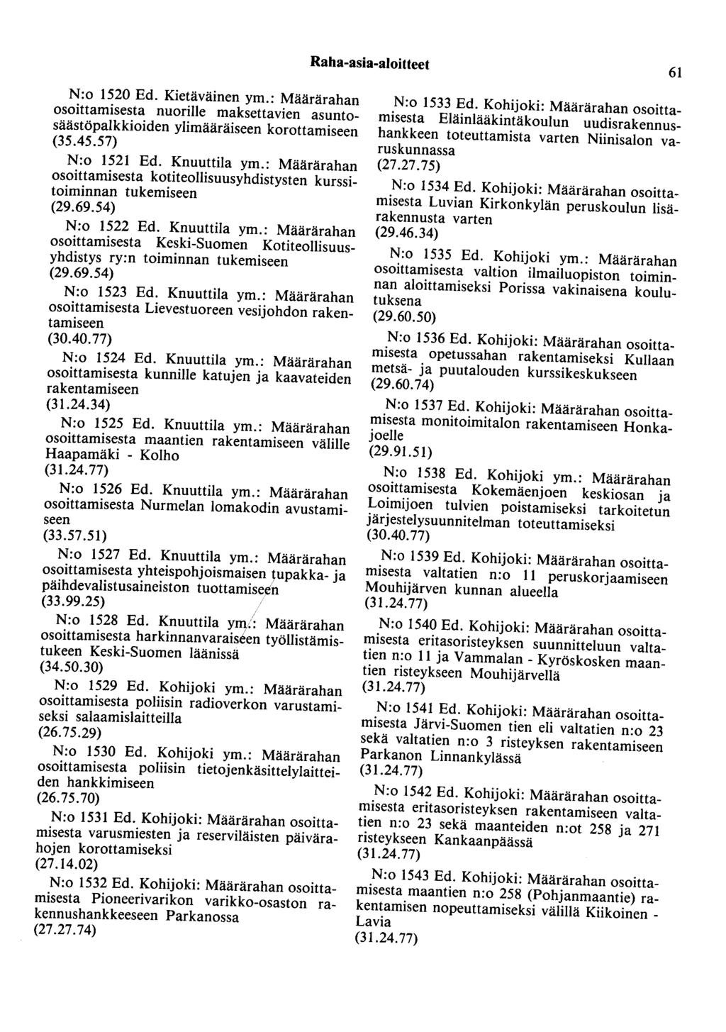 Raha-asia-aloitteet 6I N:o 1520 Ed. Kietäväinen ym.: Määrärahan osoittamisesta nuorille maksettavien asuntosäästöpalkkioiden ylimääräiseen korottamiseen (35.45.57) N:o 1521 Ed. Knuuttila ym.