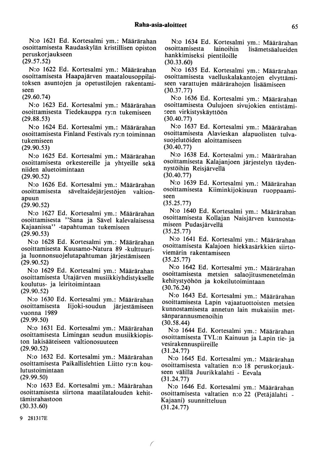 Raha-asia-aloitteet 65 N:o 1621 Ed. Kortesalmi ym.: Määrärahan osoittamisesta Raudaskylän kristillisen opiston peruskorj aukseen (29.57.52) N:o 1622 Ed. Kortesalmi ym.: Määrärahan osoittamisesta Haapajärven maatalousoppilaitoksen asuntojen ja opetustilojen rakentamiseen (29.