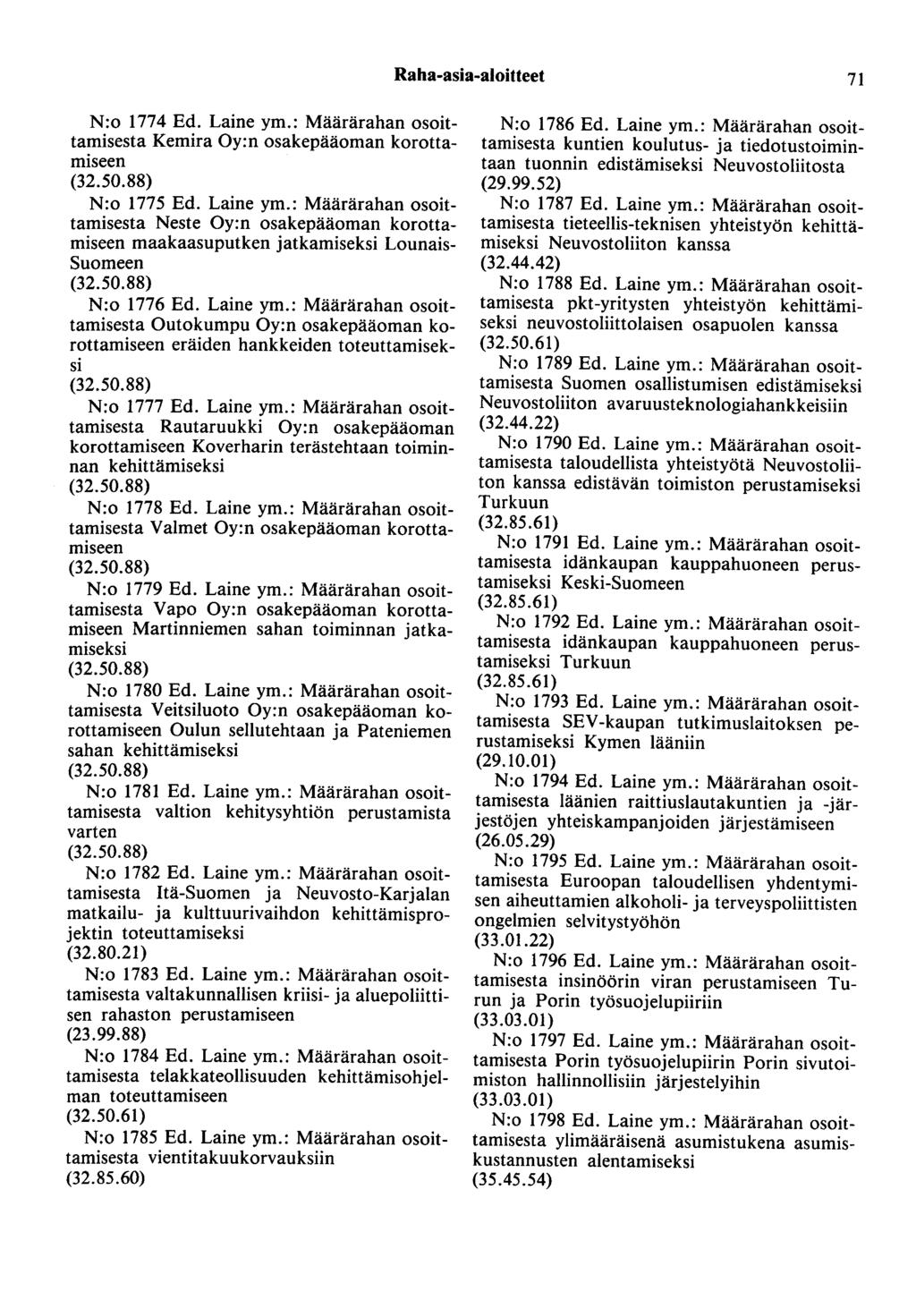 Raha-asia-aloitteet 71 N:o 1774 Ed. Laine ym.: Määrärahan osoittamisesta Kemira Oy:n osakepääoman korottamiseen (32.50.88) N:o 1775 Ed. Laine ym.: Määrärahan osoittamisesta Neste Oy:n osakepääoman korottamiseen maakaasuputken jatkamiseksi Lounais Suomeen (32.