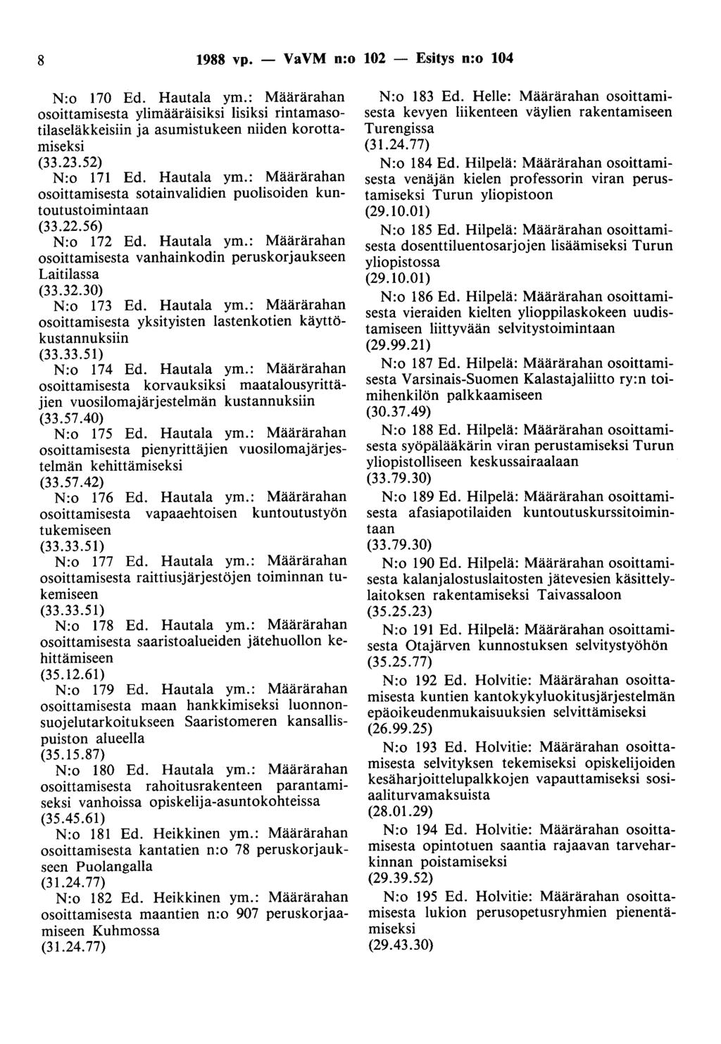 8 1988 vp. - VaVM n:o 102 - Esitys n:o 104 N:o 170 Ed. Hautala ym.: Määrärahan osoittamisesta ylimääräisiksi lisiksi rintamasotilaseläkkeisiin ja asumistukeen niiden korottamiseksi (33.23.