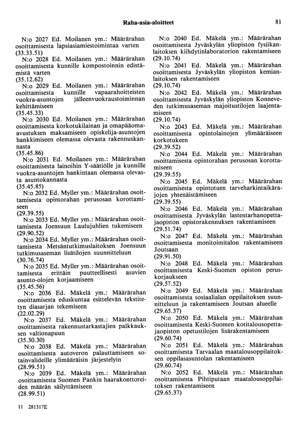 Raha-asia-aloitteet 81 N:o 2027 Ed. Moilanen ym.: Määrärahan osoittamisesta lapsiasiamiestoimintaa varten (33.33.51) N:o 2028 Ed. Moilanen ym.: Määrärahan osoittamisesta kunnille kompostoinnin edistämistä varten (35.