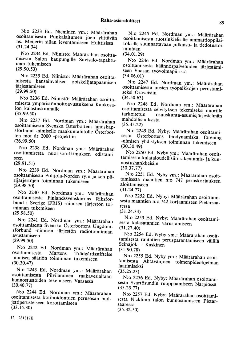 Raha-asia-aloitteet 89 N:o 2233 Ed. Nieminen ym.: Määrärahan osoittamisesta Punkalaitumen joen ylittävän ns. Meijerin sillan leventämiseen Huittisissa (31.24.34) N:o 2234 Ed.