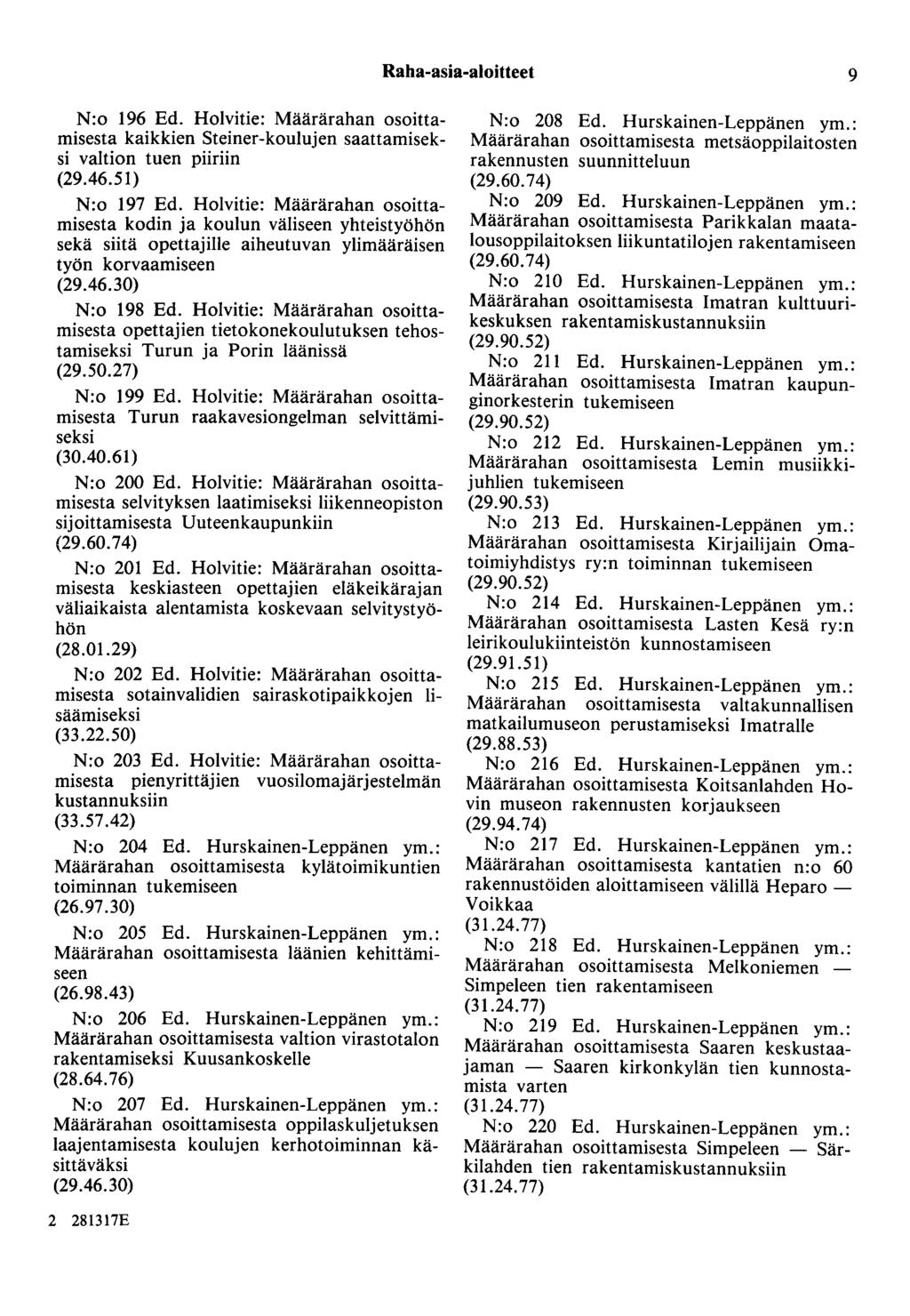 Raha-asia-aloitteet 9 N:o 196 Ed. Holvitie: Määrärahan osoittamisesta kaikkien Steiner-koulujen saattamiseksi valtion tuen piiriin (29.46.51) N:o 197 Ed.