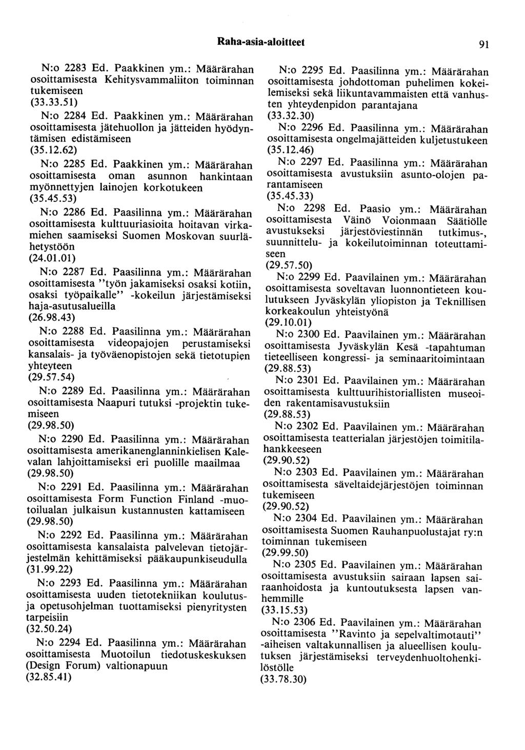Raha-asia-aloitteet 91 N:o 2283 Ed. Paakkinen ym.: Määrärahan osoittamisesta Kehitysvammaliiton toiminnan tukemiseen (33.33.51) N:o 2284 Ed. Paakkinen ym.: Määrärahan osoittamisesta jätehuollon ja jätteiden hyödyntämisen edistämiseen (35.