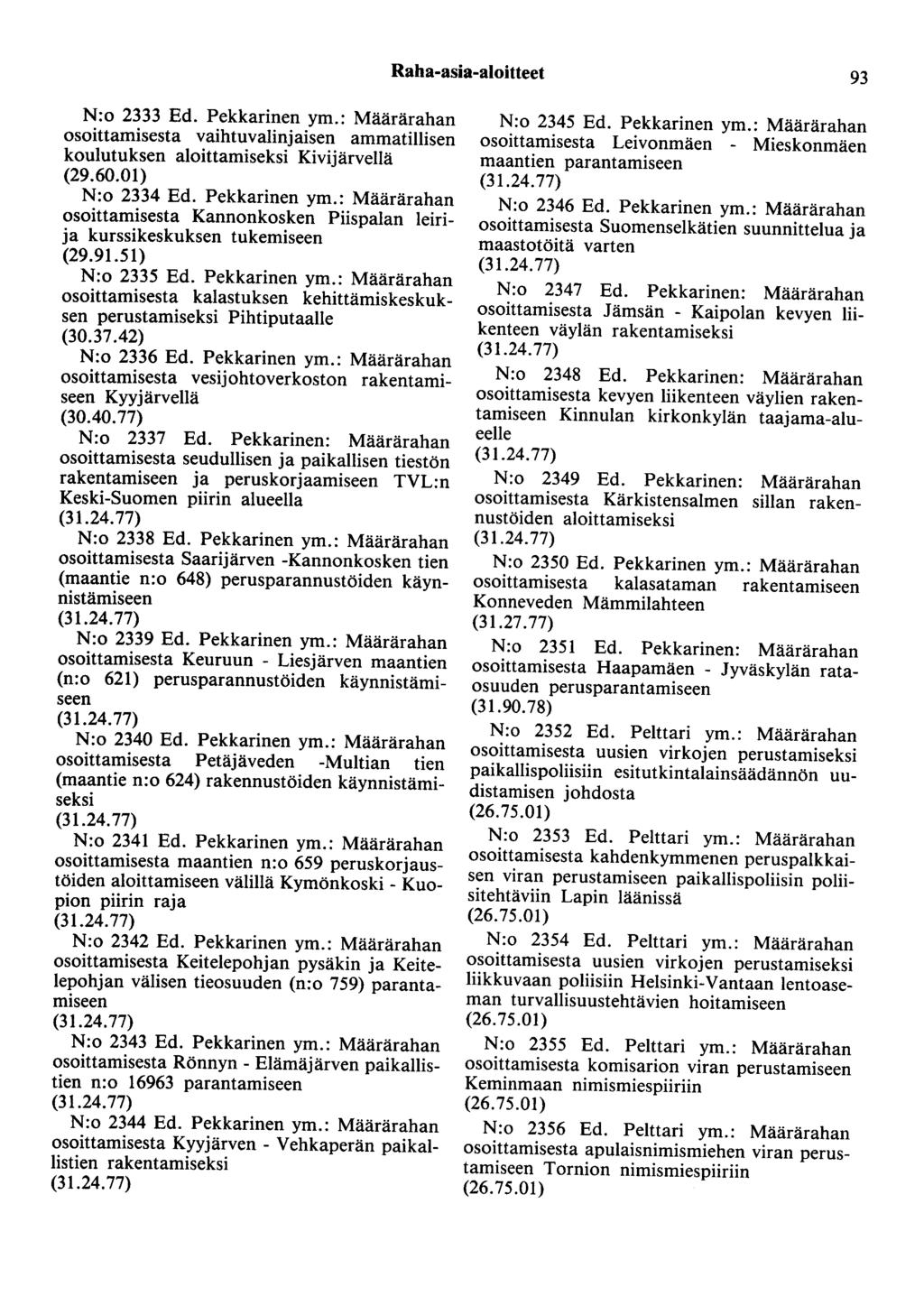 Raha-asia-aloitteet 93 N:o 2333 Ed. Pekkarinen ym.: Määrärahan osoittamisesta vaihtuvalinjaisen ammatillisen koulutuksen aloittamiseksi Kivijärvellä (29.60.01) N:o 2334 Ed. Pekkarinen ym.: Määrärahan osoittamisesta Kannonkosken Piispalan leirija kurssikeskuksen tukemiseen (29.