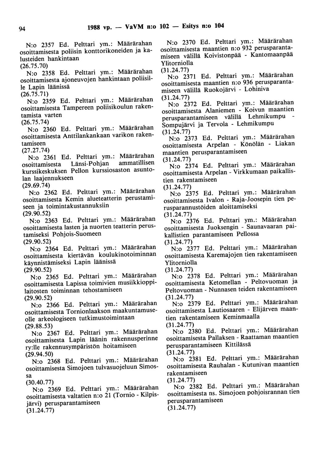 94 1988 vp. - VaVM n:o 102 - Esitys n:o 104 N:o 2357 Ed. Pelttari ym.: Määrärahan osoittamisesta poliisin konttorikoneiden ja kalusteiden hankintaan (26.75.70) N:o 2358 Ed. Pelttari ym.: Määrärahan osoittamisesta ajoneuvojen hankintaan poliisille Lapin läänissä (26.