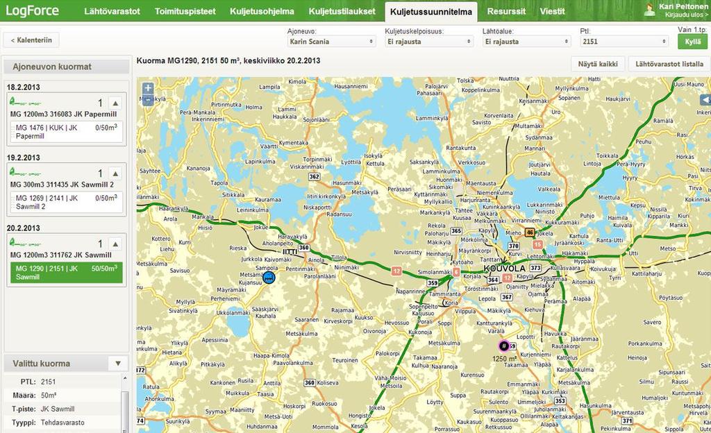 Toiminnallisuus Ohjelmistopalvelu pyöreän puun, metsäenergian, hakkeiden ja muiden metsäteollisuuden sivutuotteiden toimitusketjun hallintaan lähtövarastosta käyttöpaikalle.