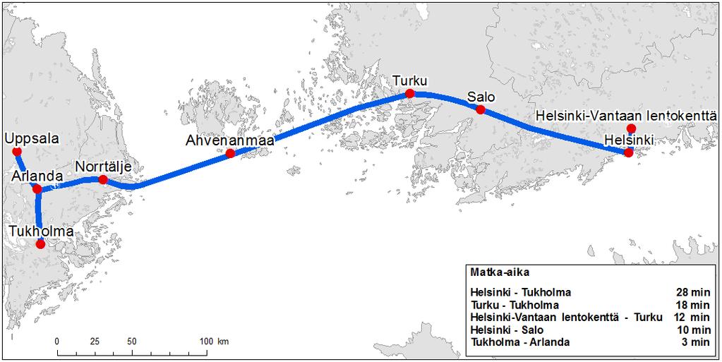 Pidemmän reitin tavoite: Helsinki Tukholma Tässä suunnitelmassa verkostoon kuuluu kansainvälinen yhteys (International Link), joka on merenalainen tunneli Suomen ja Ruotsin rannikoiden välillä.