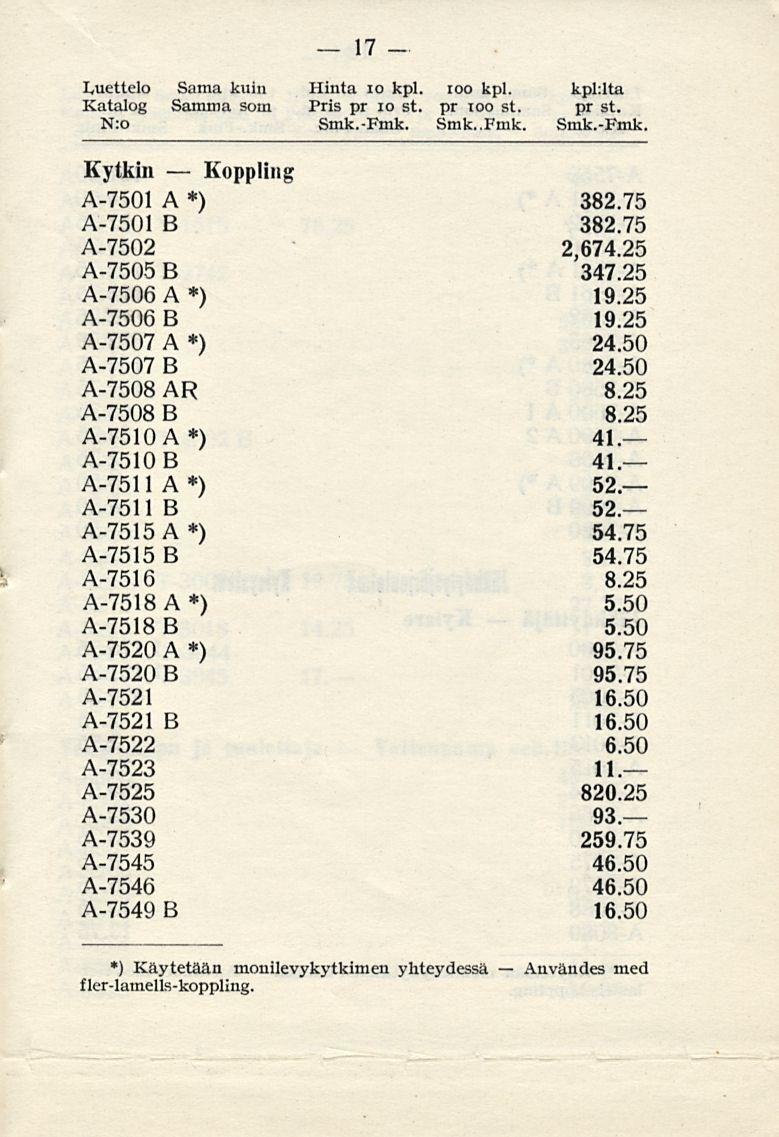 Användes 17 Luettelo Katalog N:o Sama kuin Samma som Hinta 10 kpl. Pris pr 10 st. Smk.-Fmk.