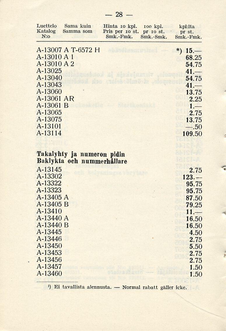 Normal 28 Luettelo Sama kuin Hinta 10 kpl. ioo kpl. kpklta Katalog Samma som Pris per 10 st. pr i o st. pr st. N:o Smk.-Fmk. Smk.-Smk. Smk.-Fmk. A-13007 A T-6572 H *) 15. A-13010A1 6 A-13010A2 54.