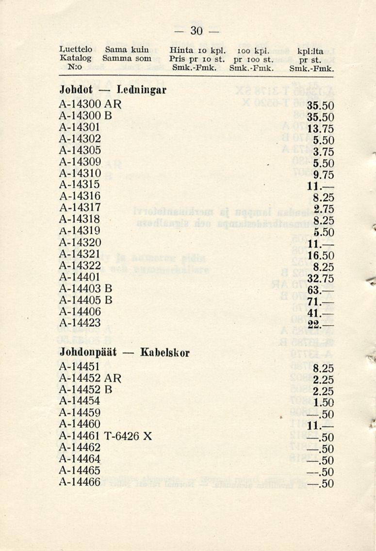 30 Luettelo Sama kuin Hinta 10 kpl. ioo kpl. kpl:lta Katalog Samma som Pris pr 10 st. pr ioo st. pr st. N:o Smk.-Fmk.