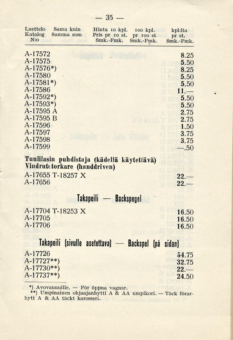 För Backspel Täck 35 Luettelo Sama kuin Hinta 10 kpl. ioo kpl. kpl.lta Katalog Samina som Pris pr 10 st. pr ioo st pr st. N: Smk.-Fmk.