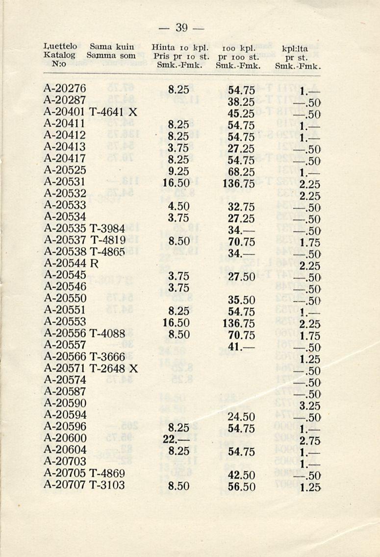 39 Luettelo Sama kuin Hinta 10 kpl. ioo kpl. kpl:lta Katalog Samma som Pris pr 10 st. pr ioo st. pr st. N:o Smk.-Fmk.