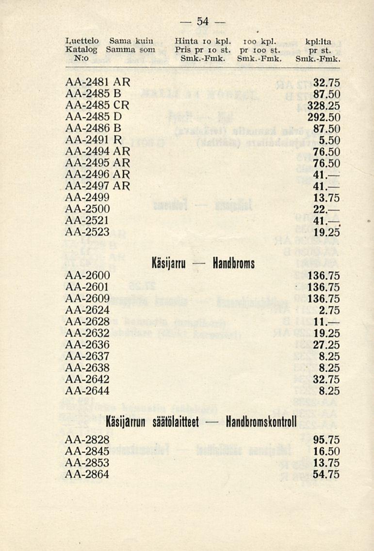 54 Luettelo Sama kuin Hinta 10 kpl. ioo kpl. kpl:lta Katalog Samma som Pris pr 10 st. pr ioo st. pr st. N:o Smk.-Fmk.