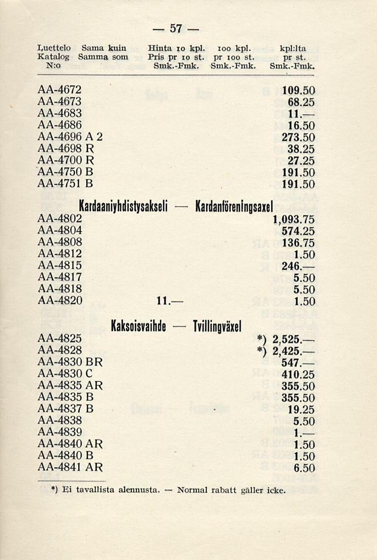 Normal 57 Luettelo Sama kuin Hinta 10 kpl. ioo kpl. kpl:lta Katalog Samma som Pris pr 10 st. pr ioo st. pr st. N:o Smk.-Fmk.