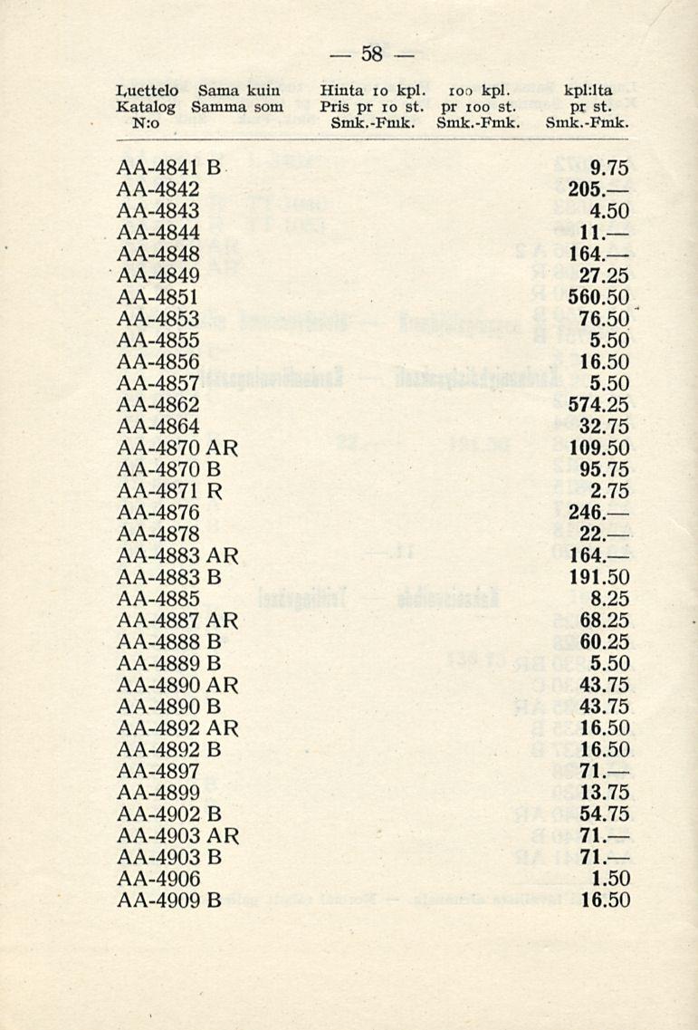 58 Luettelo Katalog N:o Sama kuin Samma som Hinta 10 kpl. Pris pr io st. Smk.-Fmk.