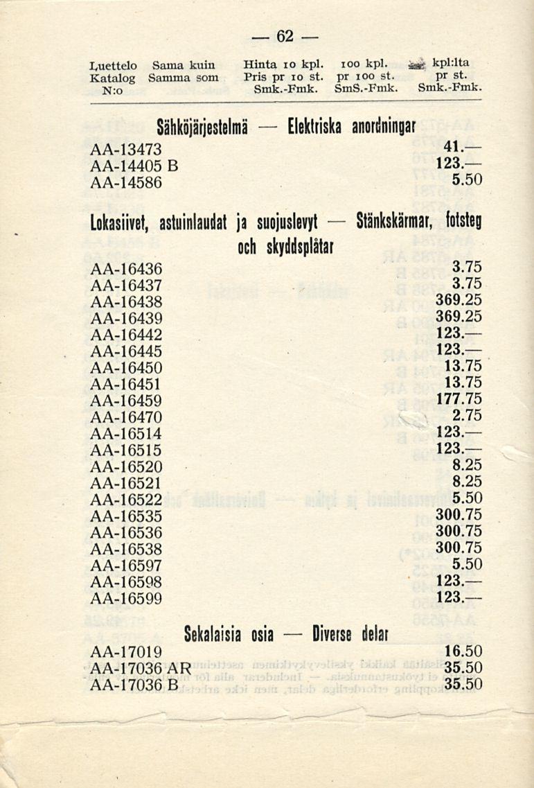 Elektriska Diverse Stänkskärmar, 62 Luettelo Sama kuin Hinta 10 kpl. ioo kpl. & kpl:lta Katalog Samma som Pris pr 10 st. pr ioo st. pr st. N:o Smk.-Fmk.