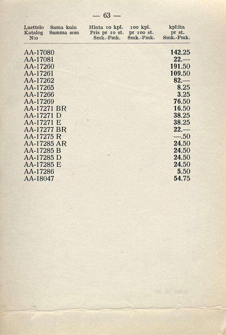 Luettelo Katalog N:o Sama kuin Samma som 63 Hinta 10 kpl. ioo kpl. kpl:lta Pris pr io st. pr ioo st. pr st. Smk.-Fmk.