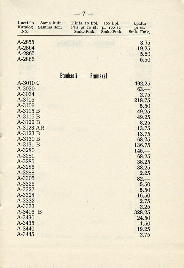 I.uettelo Katalog N:o A-2855 A-2864 A-2865 A-2866 Sama kuin Samma som 7 Hinta 10 kpl. ioo kpl. kpl:lta Pris pr io st. pr ioo st. pr st. Smk.-Fmk. Smk.-Fmk. Smk.-Fmk. 3.75 19.
