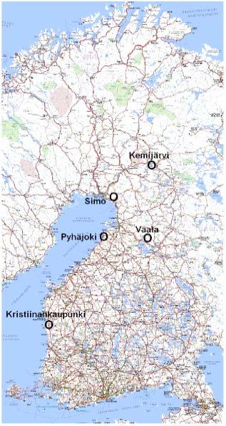 Laitospaikka Pohjakartta Affecto Finland Oy, Lupa L7216/07 Selvitykset Runsas 30 aluetta yli 10 kunnassa kartoitettu Tarkemmin selvitettävänä 10 aluetta 6 kunnassa YVA-alueet 3 kuntaa ja 3 aluetta