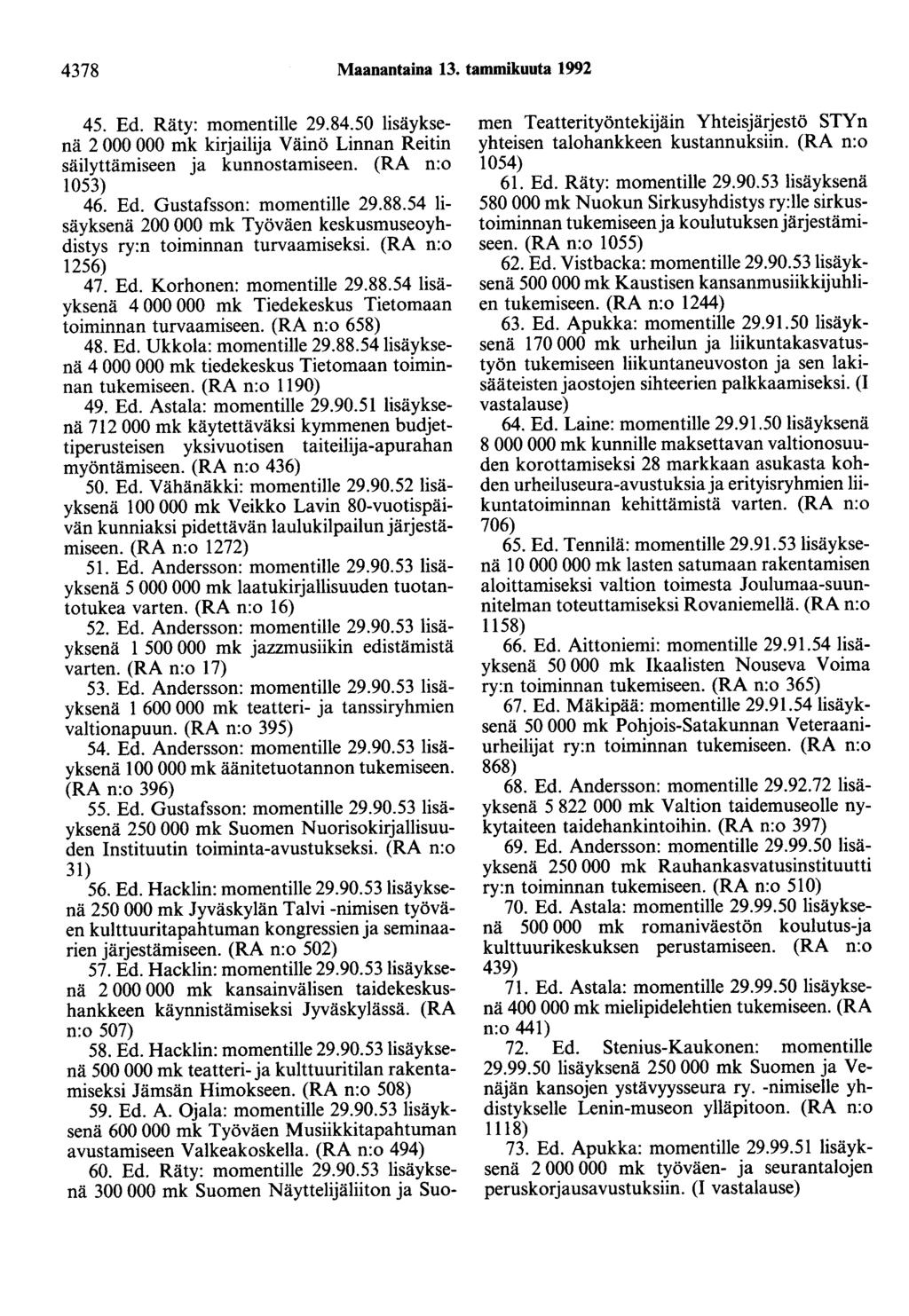 4378 Maanantaina 13. tammikuuta 1992 45. Ed. Räty: momentille 29.84.50 lisäyksenä 2 000 000 mk kirjailija Väinö Linnan Reitin säilyttämiseen ja kunnostamiseen. (RA n:o 1053) 46. Ed. Gustafsson: momentille 29.