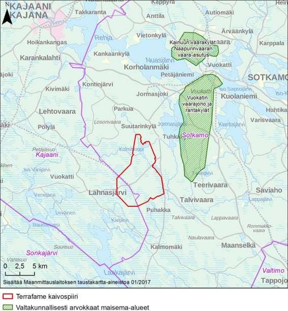 143 Kuva 7-1. Valtakunnallisesti arvokkaat maisema-alueet. 7.1.2 Kulttuuriympäristö ja muinaisjäännökset Kaivospiirin itäpuolella Tuhkajoen rannalla sijaitseva Kainuun (Huovilan) Puromyllyn alue on valtakunnallisesti arvokas kulttuurihistoriallinen kohde.