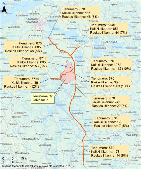 149 Kuva 8-1. Kaivoksen lähialueen liikennemäärät vuosina 2015/2016 (ajoneuvoa/vrk) ja tienumerot. Tiedot: Liikennevirasto 2017. 8.1.2 Tiestön kunto Seututietä 870 on parannettu vuonna 2009 välillä Pirttimäki Viinamäki (noin 6 km) mm.