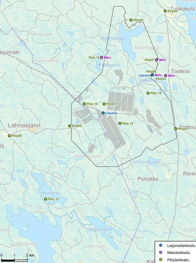 166 Kuva 9-4. Pölylaskeuman ja -leijuman tarkkailupisteiden sijainti. (Pöyry Finland Oy 2017b) Kiintoainelaskeumalle ei Suomessa ole raja- tai ohjearvoja.